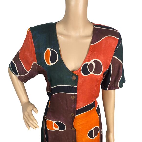 Vtg 90s Afghan by Blue Sky Boho Hippie Tie Dye Batik Lace Up Midi Dress SZ L - Picture 3 of 10